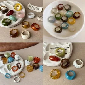 Vintage Resin Geometric Ring For Women French Minimalist Chunky Marble Texture Finger Ring Set Amber Tortoise Jewelry Accessory