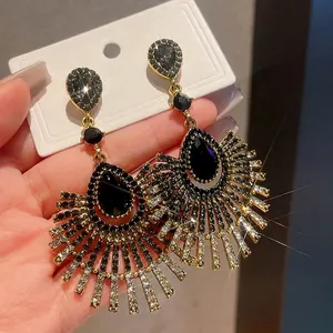 Luxury Alloy Rhinestone Water Drop Tassel Earrings With 925 Sterling Silver Earring Post Gun Black Retro Jewelry For Women
