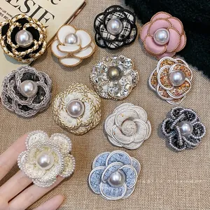 Set of French style camellia brooches with elegant pearls and tweed for sweaters