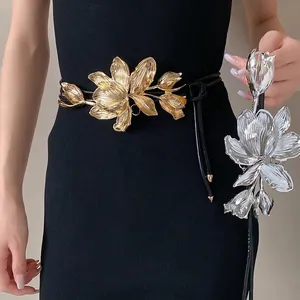 Retro Tulip Metal Flower Pendant Waist Chain For Women Vintage Leather Rope Belt Gold Silver Alloy Floral Waist Belt Jewelry