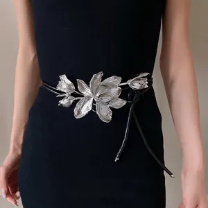 Elegant silver tulip metal waist chain belt with black leather cord for vintage fashion