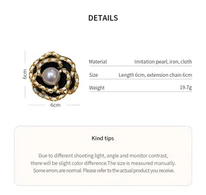 Detailed product specifications of the 6cm camellia flower brooch with pearl and gold chain