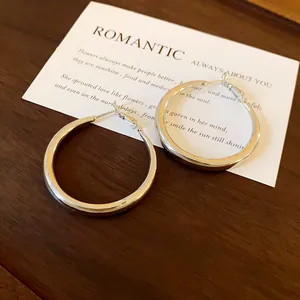 Macro view showing the glossy polished finish of silver round hoop earrings on a card