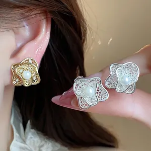 18k gold plated flower pearl ear clips earrings with elegant filigree design and crystals