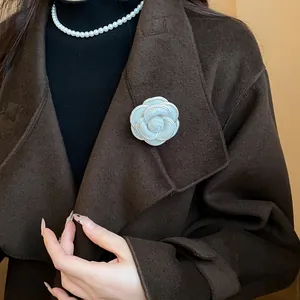 Elegant white camellia flower brooch for women, luxury vintage style pin for coats.