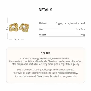 Detailed specifications of gold plated flower pearl ear clips showing size and material