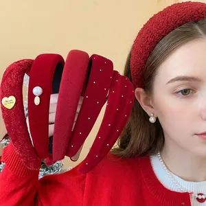 Autumn Winter Red Flocked Wide Headband For Women High Cranial Top Fashion Simple Cloth Artificial Pearl Hair Accessories For Christmas New Year