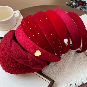 Stylish red velvet and pearl headbands for women's autumn winter high skull top hairstyle