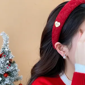 Elegant red flocked wide headband for women with heart-shaped gold charm accent
