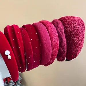 Set of stylish red wide headbands with velvet and pearl details for winter hair fashion