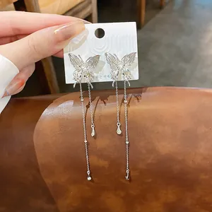 Korean Style Pleated Butterfly Long Tassel Drop Earrings With 925 Sterling Silver Earring Post Copper Rhinestone Jewelry For Women