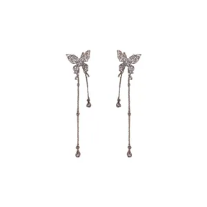 Elegant silver butterfly tassel earrings with sparkling rhinestone drop details for women