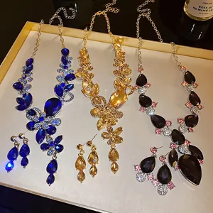 Vintage Palatial Rhinestone Flower Teardrop Necklace Earrings Jewelry Set For Women Banquet Party Elegant Alloy Accessories