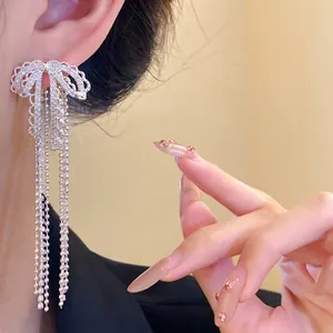 Elegant zircon bow tassel earrings with silver needle for women fashion jewelry