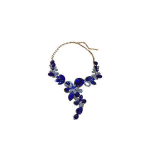 Vintage royal style necklace with deep blue rhinestone teardrop and flower design