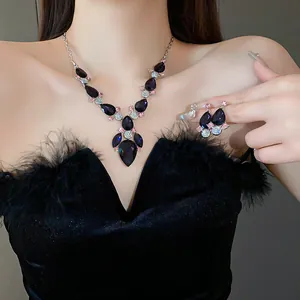 Vintage purple crystal teardrop necklace and earrings jewelry set for elegant women