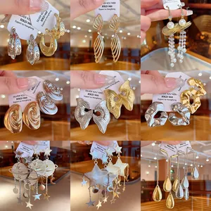 Boucles d'Oreilles Pendantes Géométriques Florales en Alliage de Luxe Avec Tige en Argent Sterling 925 Strass Perle Artificielle Bijoux Étoile Lune pour Femmes