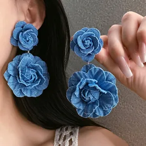 Vintage Denim Blue Fabric Flower Drop Earrings For Women Oversized 3D Floral Dangle Earrings With Silver Earring Post Boho Jewelry