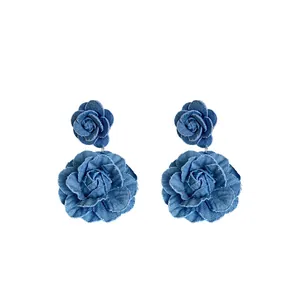 Handmade blue denim fabric double flower drop earrings with 925 silver needle posts
