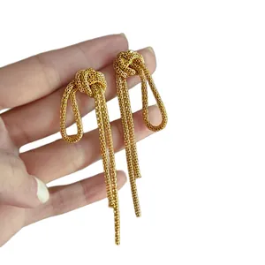 Elegant gold plated metal chain knot tassel drop earrings fashion jewelry gift for her