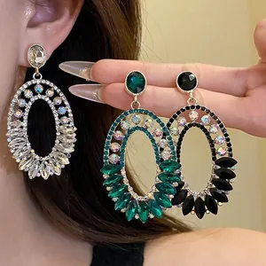 Vintage Ethnic Style Alloy Rhinestone Oval Drop Earrings With 925 Sterling Silver Post For Women Retro Luxury Party Jewelry