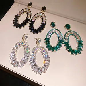 Vintage oval drop earrings with sparkling rhinestones and silver needles in three colors