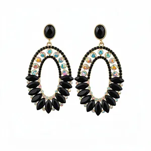 Elegant vintage ethnic style oval drop earrings featuring black gems and iridescent rhinestones