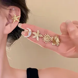 Elegant gold metal starfish moon sun and flower ear cuffs jewelry set for women