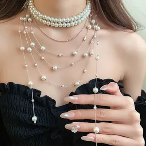 Elegant Double Layer Artificial Pearl Tassel Necklace For Women Silver Tone Copper Iron Glass Chain Choker Wedding Jewelry