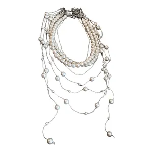 Multilayer pearl beaded fringe necklace with elegant cascading silver-tone chains