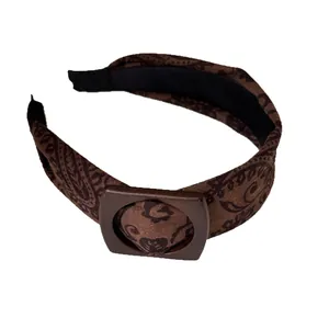 Vintage brown paisley fabric headband with square buckle for high skull top hair styling