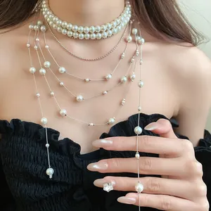 Detailed close-up of a luxurious multi-layered pearl choker necklace with tassels on a model