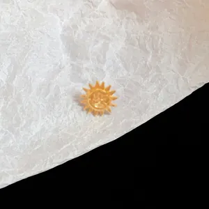 Macro view of golden sun-shaped metal ear clip with textured sunburst design