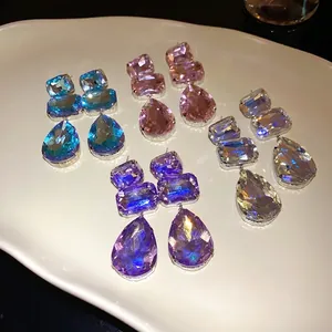 Vintage Lusso Orecchini Pendenti con Nappina a Goccia d'Acqua in Rame con Strass Perno in Argento Gioielli Geometrici Quadrati per Donna