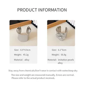 Especificaciones detalladas de dos estilos de pulseras de puño abierto plateadas.