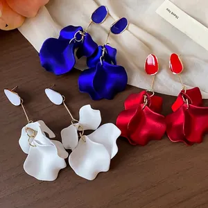 Elegant acrylic petal drop earrings in vibrant red, blue, and white colors with glossy finish
