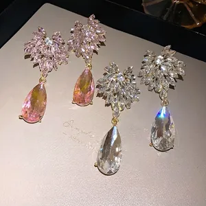 Elegant silver needle flower and waterdrop earrings with pink and clear crystals