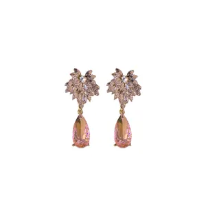 Elegant silver needle earrings featuring pink crystal flower and pear-shaped teardrop drops