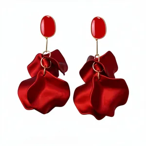 Elegant handmade red acrylic petal drop earrings with luxury gold-tone metal accents