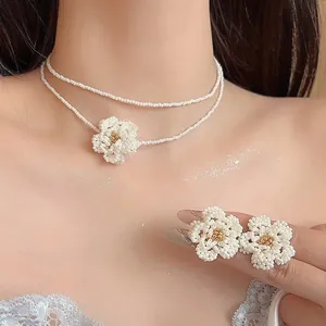Handmade Woven Artificial Pearl Camellia Jewelry Set Women Silver Post Floral Stud Earrings Double Layer Bead Necklace
