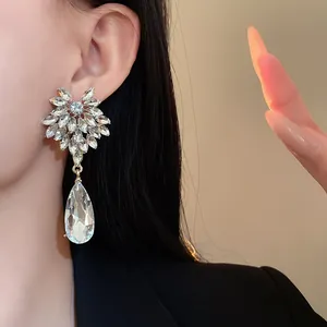 Exquisite close-up view of silver-tone floral crystal teardrop dangle earrings on a model