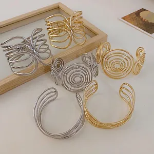 Women Multi Layer Cross Open Cuff Bracelet Metal Geometric Spiral Swirl Armlet Adjustable Fashion Jewelry Bangle