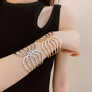 Minimalist gold and silver multi-layer wavy open cuff bracelets for women fashion