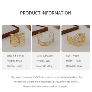 Product details showing three styles of gold alloy open cuff bracelets with dimensions