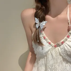 Neo-Chinese Style Butterfly Rhinestone Tassel Hair Clip Luxury Silver Alloy Shark Claw Clip Elegant Headwear For Women Daily Wedding Jewelry