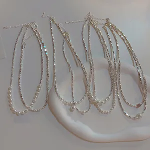 French Vintage Silver Irregular Artificial Pearl Necklace For Women Geometric Copper Zirconia Pendant Clavicle Chain Jewelry