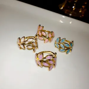 Elegant gold-plated open rings with colorful leaf enamel design for stylish women
