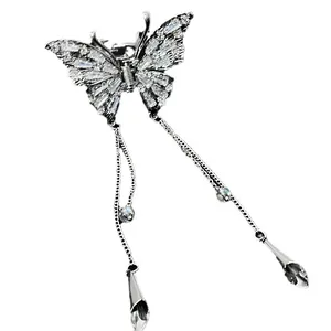 Elegant sparkling butterfly hair claw clip with long rhinestone tassels for women