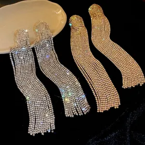 Übertriebene Voller Strass Quaste Ohrhänger Silber Ohrringpfosten Übergroße Geometrische Metall Ohrringe Party Bankett Damen Schmuck