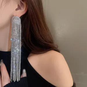 Detailaufnahme der glänzenden silbernen langen Quastenohrringe mit Strass an einem Modell